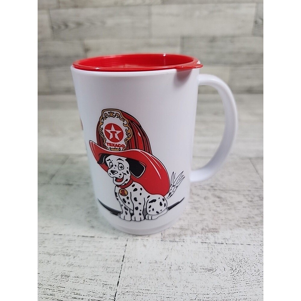 Vintage Texaco Gas Station Pup Cup Dalmatian Dog Firefighter Travel Mug w/ Lid